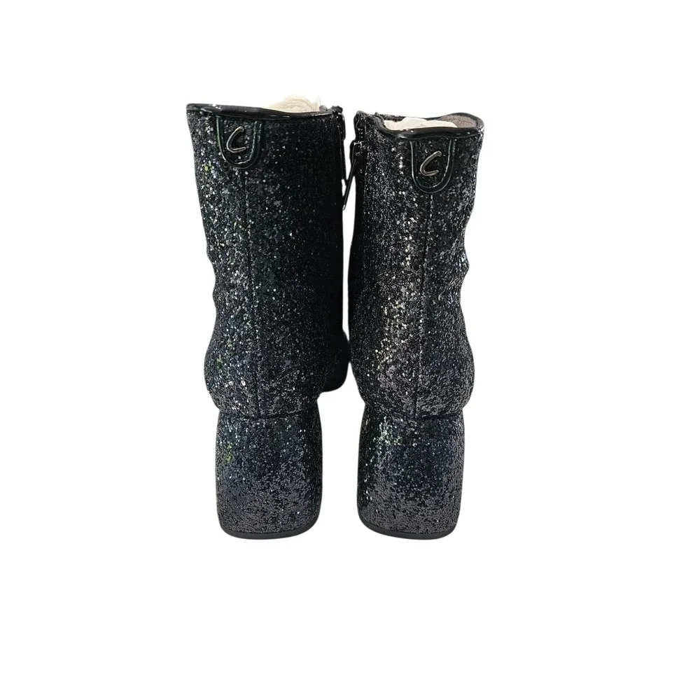 Black Glitter Ankle Boots Square Toe Block Heel Evening Party‎ Sparkle Size 8M
